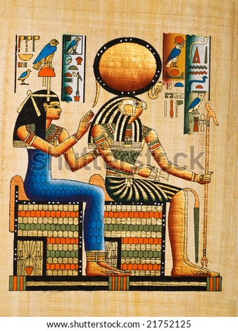 Papyrus showing the gods Re-Harakhte and Hathor. Copy of a painting from  Nefertaris tomb in Thebes, Egypt.