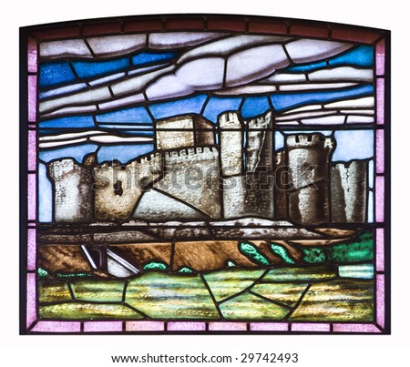 Old castle in a stained glass from