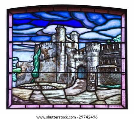 Old castle in a stained glass from
