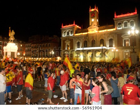 VALLADOLID, SPAIN - JULY 11: Spanish fans celebrating their victory in the World Cup of Football, on July 11, 2010 in Valladolid, Spain