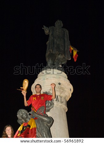 VALLADOLID, SPAIN - JULY 11: Spanish fans celebrating their victory in the World Cup of Football, on July 11, 2010 in Valladolid, Spain