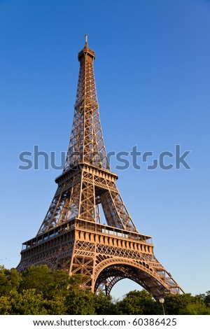 Eiffel tower under last sunlight. Vertical wide angle. France