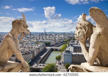 Notre Dame of Paris Stryge and demon most famous of all Chimeras overlooking the skyline of Paris at a summer day composition Notre Dame of Paris Stryge and demon most famous of all Chimeras overlooking the skyline of Paris at a summer day composition
