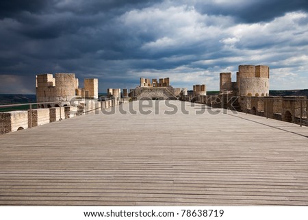 Peñafiel castle: main terrace against a stormy sky. Province of Valladolid, Spain