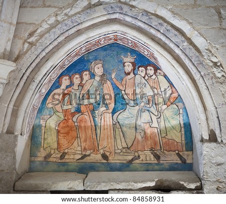 King and Queen with servants in a gothic painting (S.XIII). Monastery of Santa Maria de Valbuena in the province of Valladolid, Spain