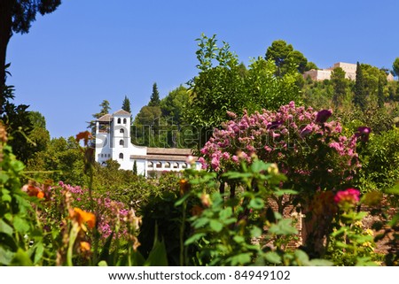 Alhambra de Granada. The Generalife over the gardens. Built between the 12th and 14th Century, the palace was used by the Muslim royalty as a place of rest