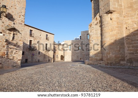 San Mateo square in Caceres, Spain. Medieval square in the center of the old town, with several palaces and ancestral houses around