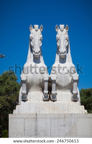Two horses sculpture in the gardens of the mosteiro os Jeronimos. Lisboa, Portugal