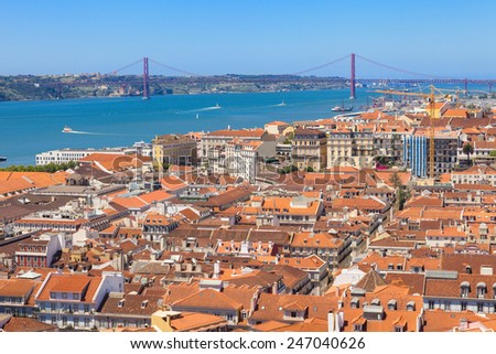 Bird view of Lisboa downtown. Panoramic of Baixa, Rossio and Chiado rooftops, with the Tagus river and bridge at the background. Portugal