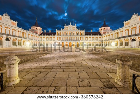 Royal Palace of Aranjuez, main court at night. Community of Madrid, Spain