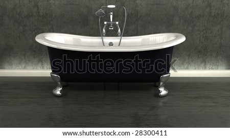 3d render of classic roll top bath and taps with shower attachment  in contemporary  interior