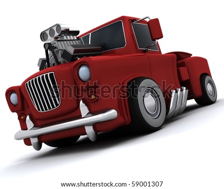 stock photo 3D render of Caricature of supercharged 50's classic pickup