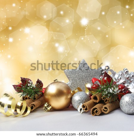 Christmas decorations on a glittery gold background