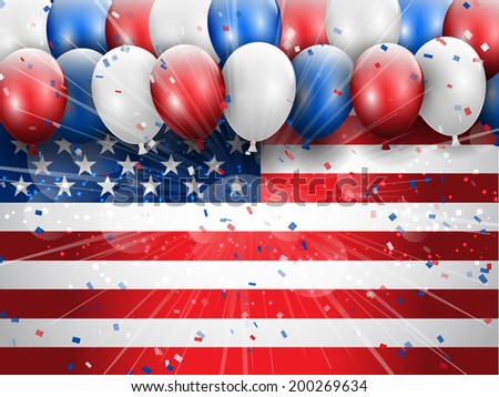Independence Day 4th July celebration background with balloons and confetti