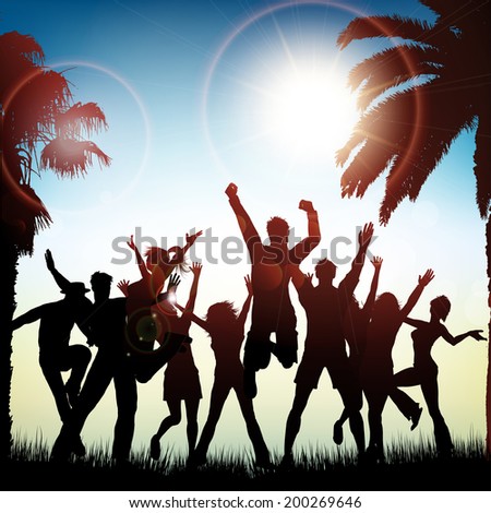 Silhouettes of people dancing on a tropical background