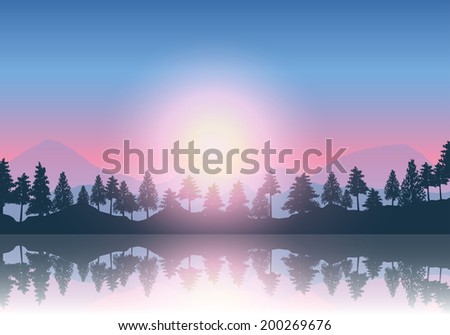 Landscape background with mountains and trees reflecting in lake