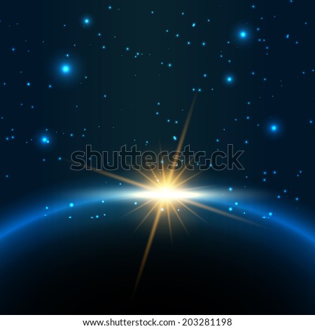 Space background with sun rising behind a planet