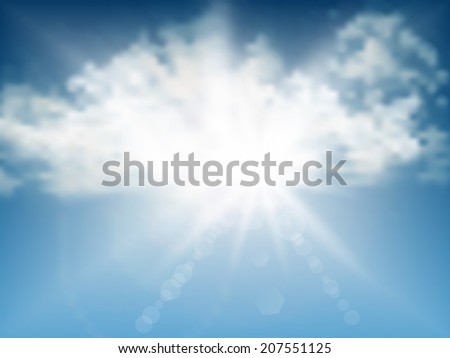 Background of fluffy white clouds with sun rays