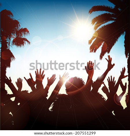 Silhouette of a party crowd on a tropical background