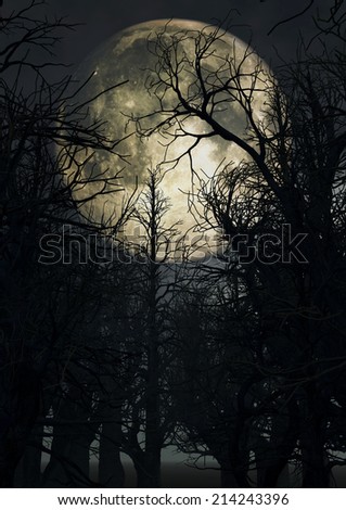 Halloween background with moonlit sky and spooky trees