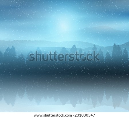 Winter landscape background with forest of trees against a night sky