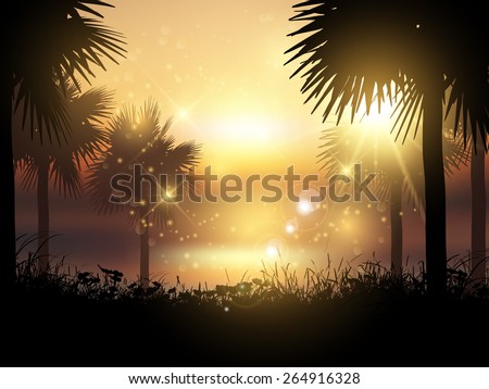 Silhouettes of palm trees against a sunset tropical landscape