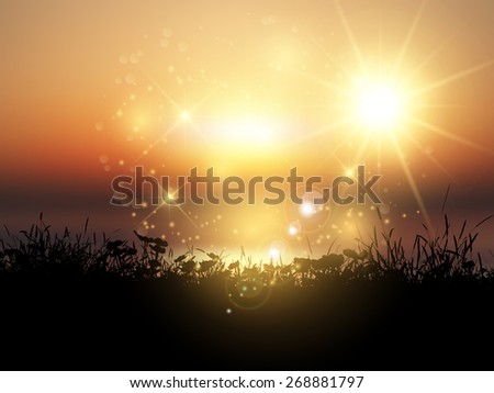 Silhouette of a grassy landscape against a sunset sky