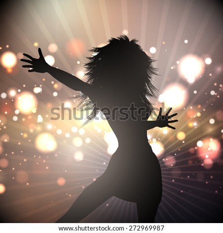 Silhouette of a female dancing on an abstract lights background
