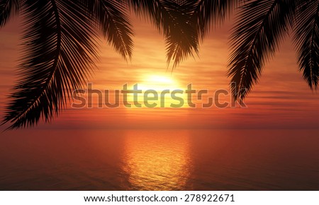 Silhouette of palm trees against a sunset ocean