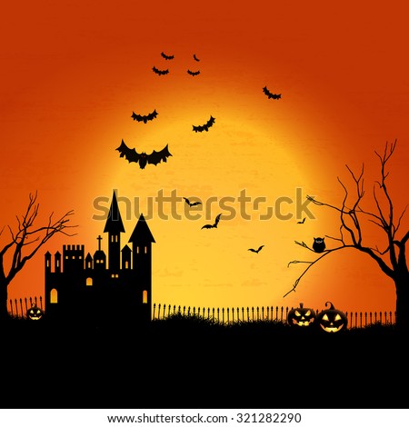 Halloween landscape with haunted house and graveyard