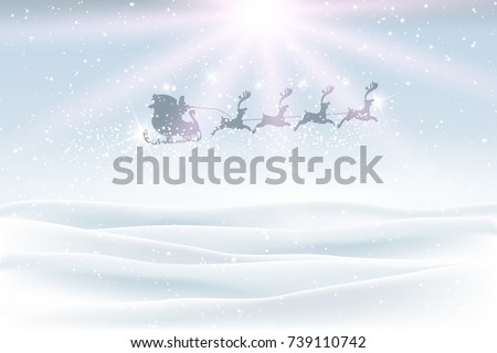 Christmas landscape with snow and santa flying in the sky