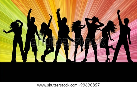 Silhouettes of people dancing on a starburst background