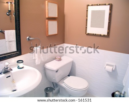 Bathroom with mirror,white porcelain fixtures, lower white-tile and upper pastel earth-tone walls.