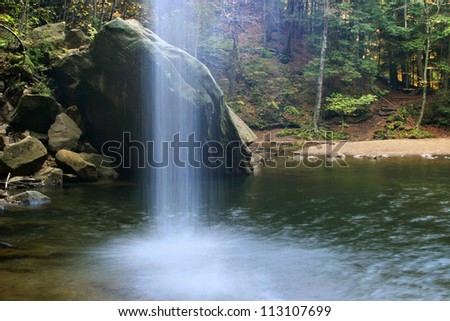 This Long Exposure Taken From Behind The Waterfall Makes The Falling Water Look Like A Shaft Of Light, One Of Three Waterfalls At Old Man\'s Cave In The Hocking Hills Region Of Central Ohio, USA