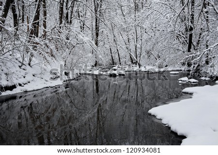 A Snow Covered Little Creek In Winter, Keehner Park, Southwestern Ohio, USA