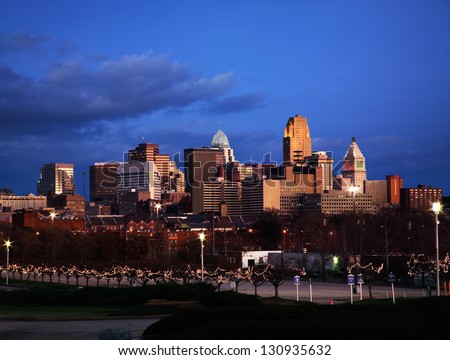 The Downtown Cincinnati Skyline Taken From The Parking Lot At The Museum Center Just After Sunset, Cincinnati Ohio, USA