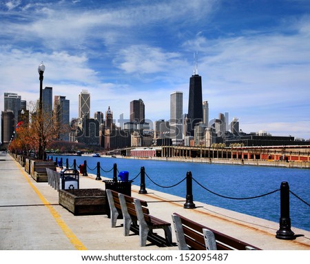 Half Of The Chicago Skyline As Seen From The Parking Garage Side Of Navy Pier On A Beautiful Day In Chicago Illinois, Usa