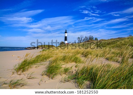 A Sandy Beach And Beach Grass At The Big Sable Point Lighthouse On Lake Michigan, Michigan\'s Lower Peninsula, USA