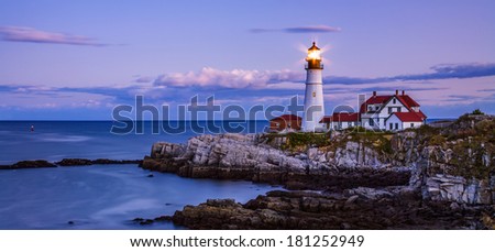 The Benevolent Sentinel, The Portland Head Light After Sunset, Portland Maine, USA, Panoramic View