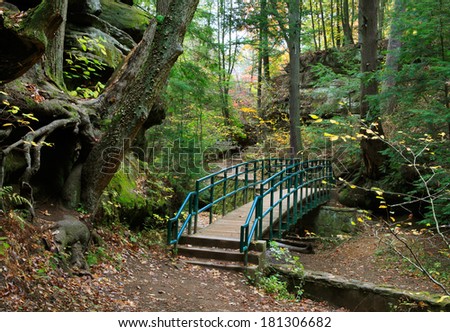A Foot Bridge And Trail Through The Forest During Autumn In The Scenic Old Man\'s Cave State Park Of Central Ohio, Hocking Hills Region, USA