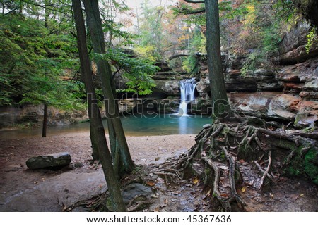 A Quiet Waterfall And Collecting Pool In The Scenic Old Man\'s Cave State Park Of Central Ohio, Hocking Hills Region In Autumn