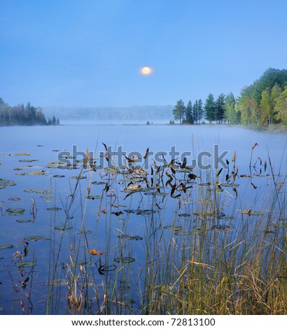 A Slightly Foggy Moonrise Over Lily Pads And Distant Tree Line On A Quiet Michigan Lake At Dusk, USA