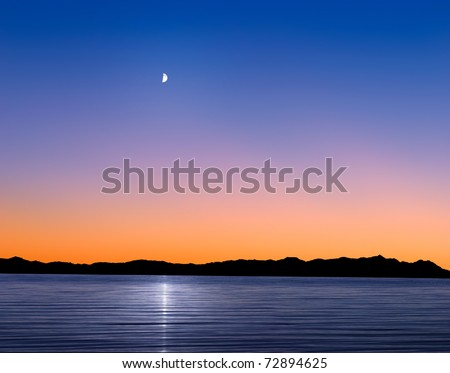 A Mythical Moonrise Over Mountains And Water As Sunset Gives Way To Twilight, Photo Composite