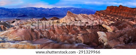 Pre Dawn Light Over Zabriskie Point In Death Valley National Park, Panoramic View, California, USA