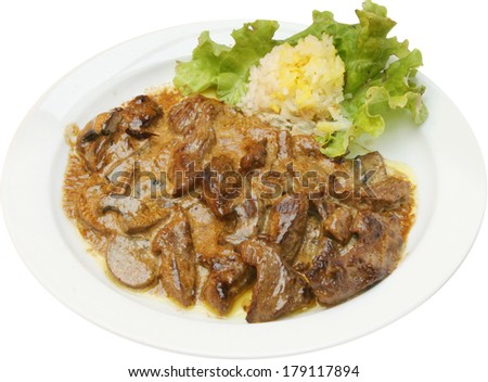 Grilled veal dish served with potato puree, mushrooms sauce and leaf salad