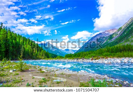 Mountain river landscape. River valley in mountains. Mountain wild river flow