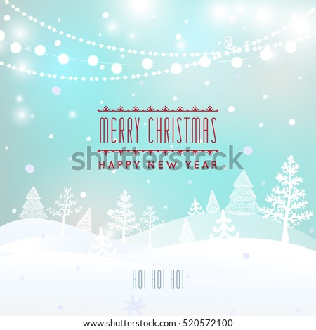 Christmas greeting card. light vector background. Merry Christmas holidays wish design and garlands decoration. Christmas Landscape, Happy new year message. Vector illustration