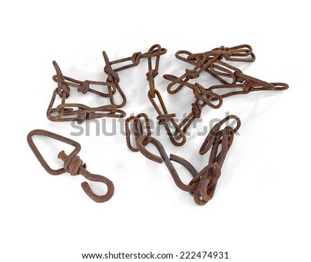 Rusty tradition tools, instruments, implements and farm or household equipment in ancient, old-time and archaic style.