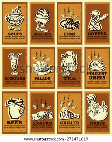 Set contains symbolic images of dessert, beer, sea foods, fish, chicken grilled, side dish, poultry dish, cocktails, salad, soup, coffee,  tea.Set of business cards with different specialties.