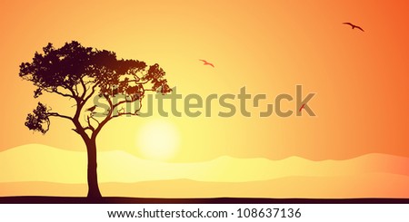 A Desert Landscape with Tree and Bird
